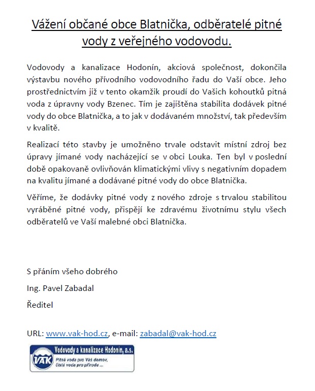 VaK vodovod oznámení pitná voda